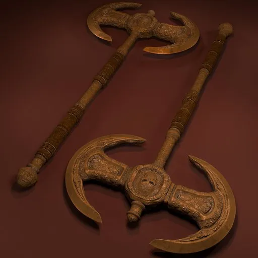 Highly detailed 3D model of an aged greataxe with intricate patterns, optimized for Blender rendering.