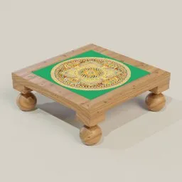 Wooden Blender 3D chownki model with ornate mandala inlay and carved spherical legs for religious decor.