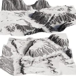 Detailed 3D snowy mountain model with intricate textures, ideal for Blender rendering and animation projects.