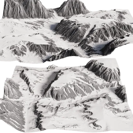 Detailed 3D snowy mountain model with intricate textures, ideal for Blender rendering and animation projects.