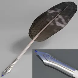 Detailed 3D model of a quill pen, crafted from an eagle feather, designed for Blender 3D rendering and animation.