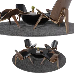 Modern 3D lounge furniture set featuring a round table, sculptural chairs, and minimalistic design for Blender rendering.