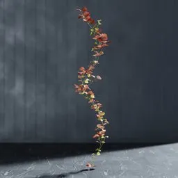 "Artificial garland 3D model for Blender 3D, featuring high realism with thin depth of field, falling red petals, and twisting vines inspired by flora world. Editable stem with geometry nodes created using Bagapie addon. Perfect for indoor nature scenes."