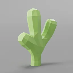 "Game ready low poly stylized cactus model for Blender 3D. Features a green cactus plant with flat shapes and faceted textures on a gray background. Perfect for 3D printing and game development."