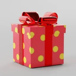 Detailed 3D model of a red gift box with golden spots and a glossy metallic ribbon suitable for Blender rendering.