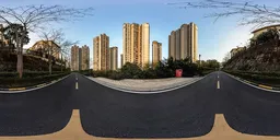 Urban HDR panorama with parking area, trees, flowers, and skyline for realistic lighting in 3D scenes.