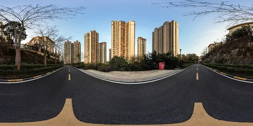 Urban HDR panorama with parking area, trees, flowers, and skyline for realistic lighting in 3D scenes.