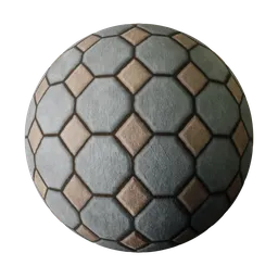 High-quality PBR Stylized Pavement texture for 3D modeling, hexagonal stones with distinct red accents for paving simulations.