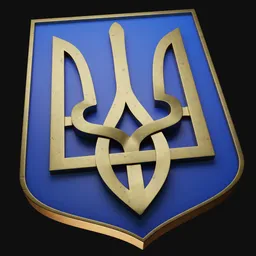 "Highly detailed Ukrainian trizub on a blue shield 3D model crafted with Blender 3D software. Perfect for art enthusiasts, mobile game developers, and those interested in military history and government archives."