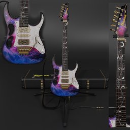 "Discover the Ibanez PIA-3761-XB-starfield 3D model for Blender 3D. This award-winning, highly-detailed instrument features a unique purple and blue design and premium DiMarzio UtoPIA pickups. Complete with guitar case, tripod stand, and adjustable leather strap, this model offers high customization and a premium sound quality."