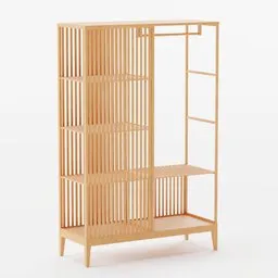 Detailed 3D model of bamboo shelving unit with minimalist design, ideal for clothing and item storage, compatible with Blender.