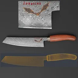 "A stunning 3D model of a Damascus kitchen knife with a beautiful Bubinga handle, created in Blender 3D. The knife features a unique and organic pattern created by layers of hard and soft steels forged together, while the handle adds an elegant touch to the design. Easily customize the labeling with the included text mask in the shader node."