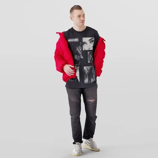 3D Blender model of a trendy young man in stylish attire with a red draped puffer jacket.