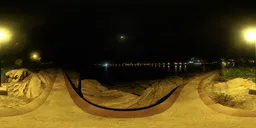 Moonlit coastal HDR panorama for realistic 3D scene lighting with illuminated pier and natural elements.