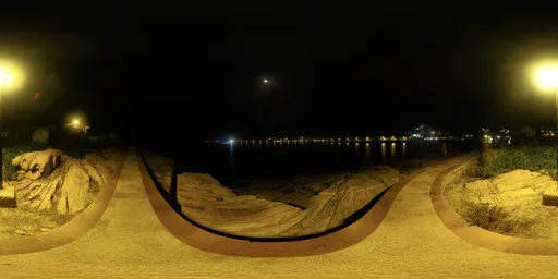 Moonlit coastal HDR panorama for realistic 3D scene lighting with illuminated pier and natural elements.