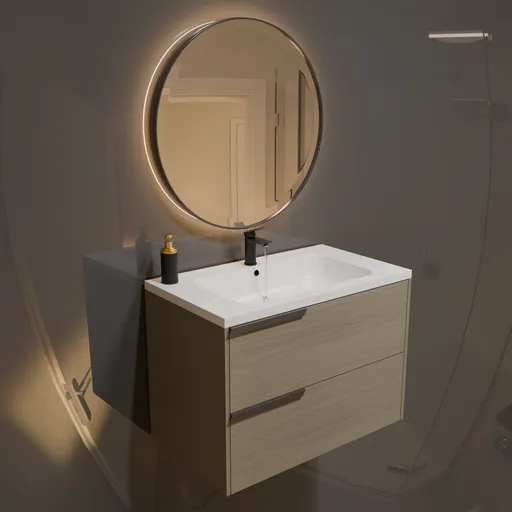 Realistic Blender 3D model of a modern wash basin with illuminated mirror and optional static water flow.