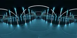 Blue-lit virtual studio with arches and glowing vertical neon tubes for realistic scene illumination.