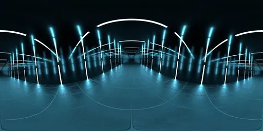 Blue-lit virtual studio with arches and glowing vertical neon tubes for realistic scene illumination.