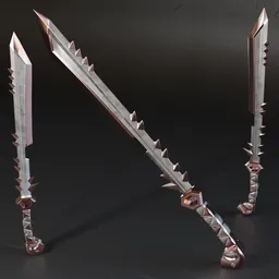 Detailed 3D sword model with high-quality metal textures, ideal for Blender rendering in war-themed designs.