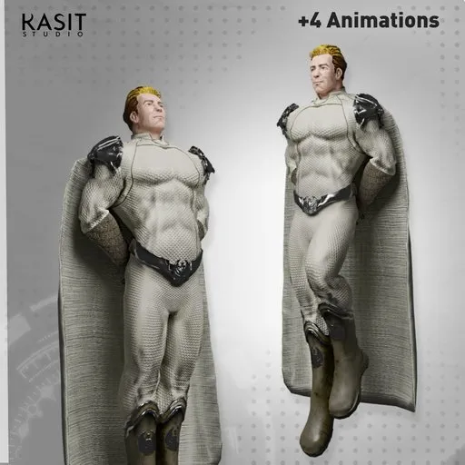 High-quality 3D model of animated superhero in Blender, featuring fly, run, walk, idle PBR textures.