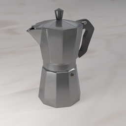 Detailed 3D model of a vintage-style aluminium espresso maker for Blender rendering.
