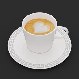 "Latte Art Coffee with Cup: A stunning 3D model created with Blender 3D software. This visually appealing drink features a heart-shaped foam design, lusciously captured with bright diffuse lighting and ultra ambient occlusion. Perfect for adding a touch of romance to your projects."