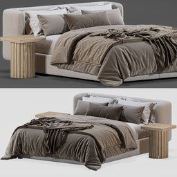 "Bed Group 3D model for Blender 3D with a wooden headboard and blanket, 220x180x82H bed, rendered in cycles with 514,448 polys. Unwarped and inspired by Giorgio Giulio Clovio, with a grey color scheme and official product image. Perfect for interior design and visualization projects."