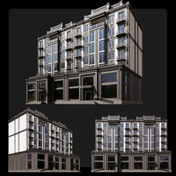 "Explore the stunning Residential Building 3D model designed by M3D in Blender 3D. This high-rise brick building with a black and white color palette features unique cubic blocks and numerous windows, inspired by Russian constructivism and Johan Edvard Mandelberg's style. Perfect for architects and 3D enthusiasts searching for trending hardsurface models."