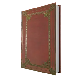 Realistic 3D model of an ornate gold-bound book with textured cover, compatible with Blender's eevee and cycles rendering.
