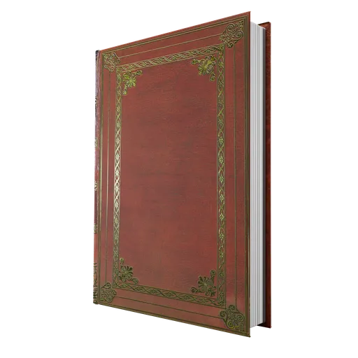 Realistic 3D model of an ornate gold-bound book with textured cover, compatible with Blender's eevee and cycles rendering.