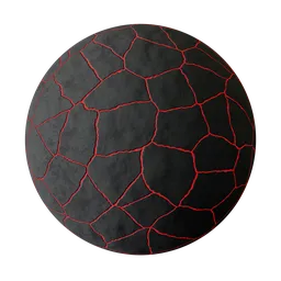 Realistic PBR volcanic rock texture with glowing lava fissures for 3D modeling and rendering in Blender.