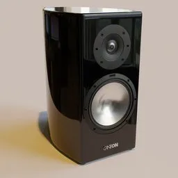 High-quality 3D rendering of a glossy black standmount speaker for Blender 3D projects, highlighting fine details and realism.