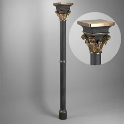 Detailed 3D Blender model of Gothic-inspired column with Acanthus leaf design in black and gold.