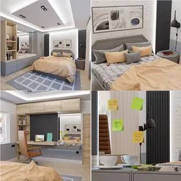 Detailed modern bedroom and home office Blender 3D models with stylish decor and lighting.