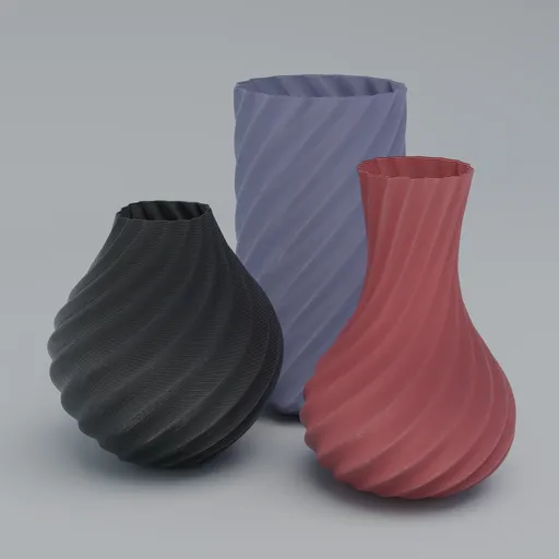 Detailed 3D-printed vases featuring a twist design in various colors, ideal for Blender 3D artists.