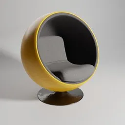 "Yellow and grey Eero Aarnio style ball chair with cushion on metal stand, modeled in Blender 3D. Inspired by Johan Edvard Mandelberg, this non-binary model is perfect for modern interiors. Available for download on BlenderKit under the 'regular-chair' category."
