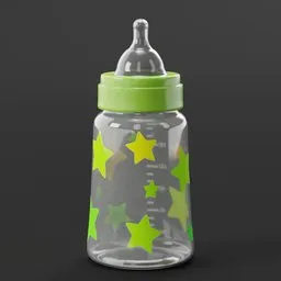 Detailed Blender 3D model of a star-patterned baby bottle with a green cap, ideal for animation and rendering.