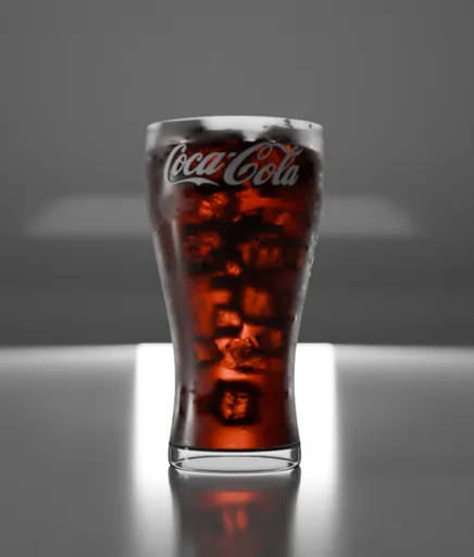 Realistic 3D Blender model of a soda glass with ice cubes, detailed condensation, and brand imprint.
