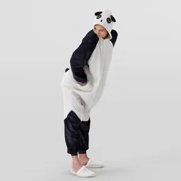 3D Blender model of young girl in playful panda pajama costume with fluffy slippers, posing with hands in pockets.