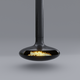 Detailed 3D rendering of a sleek, suspended fireplace design, optimized for Blender, with realistic flames.