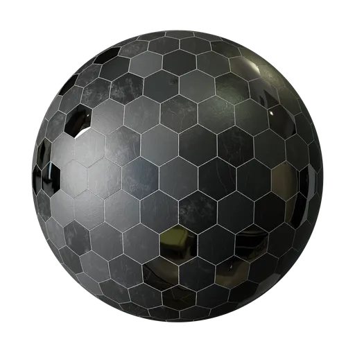 Reflective hexagonal tile PBR material for 3D rendering featuring subtle scratches and mirror detailing, suitable for Blender.