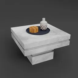 Detailed 3D-rendered concrete table model with decorative items, compatible with Blender.