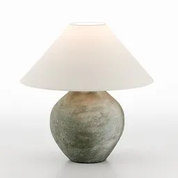 3D modeled clay stoneware table lamp with white empire shade, Blender-compatible, showcasing textured surface design.