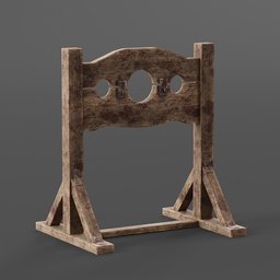 "3D model of a prison pillory in Blender 3D - featuring a wooden chair with a hole in the middle, neck shackles and a toy guillotine. This art piece is inspired by Game of Thrones and Russian lab experiments, with a touch of Nier's ceramics and Wenceslas Hollar's style."