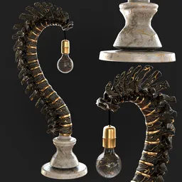 "Stylish black spine-form table lamp with marble and gold accents, perfect for modern interiors. Created using Blender 3D software."