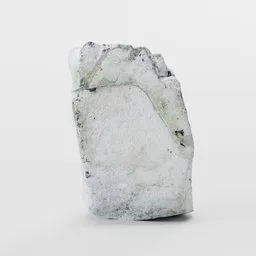 "Photorealistic aerated concrete stone 3D model for Blender 3D. Inspired by the ecological art of Oluf Høst, this rock sits on a white surface, featuring damaged photo aesthetics with pale greens and whites. Perfect for creating realistic environment elements in your Blender 3D projects."