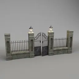 Detailed 3D cemetery gate model with 2K textures, lanterns, and rotatable controls for Blender.