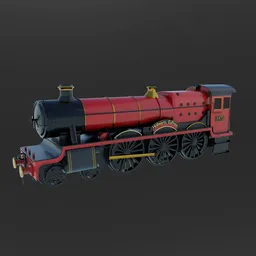 "3D model of the Hogwarts Express train in red and black on a track, inspired by Augustus Dunbier and created by Jacob More in Blender 3D. Perfect for Harry Potter fans and train enthusiasts. Untextured and unshaded, ready for customization."