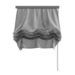 "3D model of an Austrian Blind for Blender 3D software. The curtain features intricate details, a chain hanging from it, and frills. High-resolution product photo with radiosity rendering."