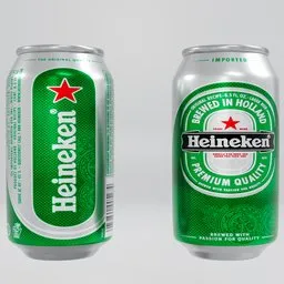 "Photo-realistic Heineken beer can 3D model in Blender, with easy label customization. Perfect for drinks category projects. High quality 8k resolution and detailed shading."